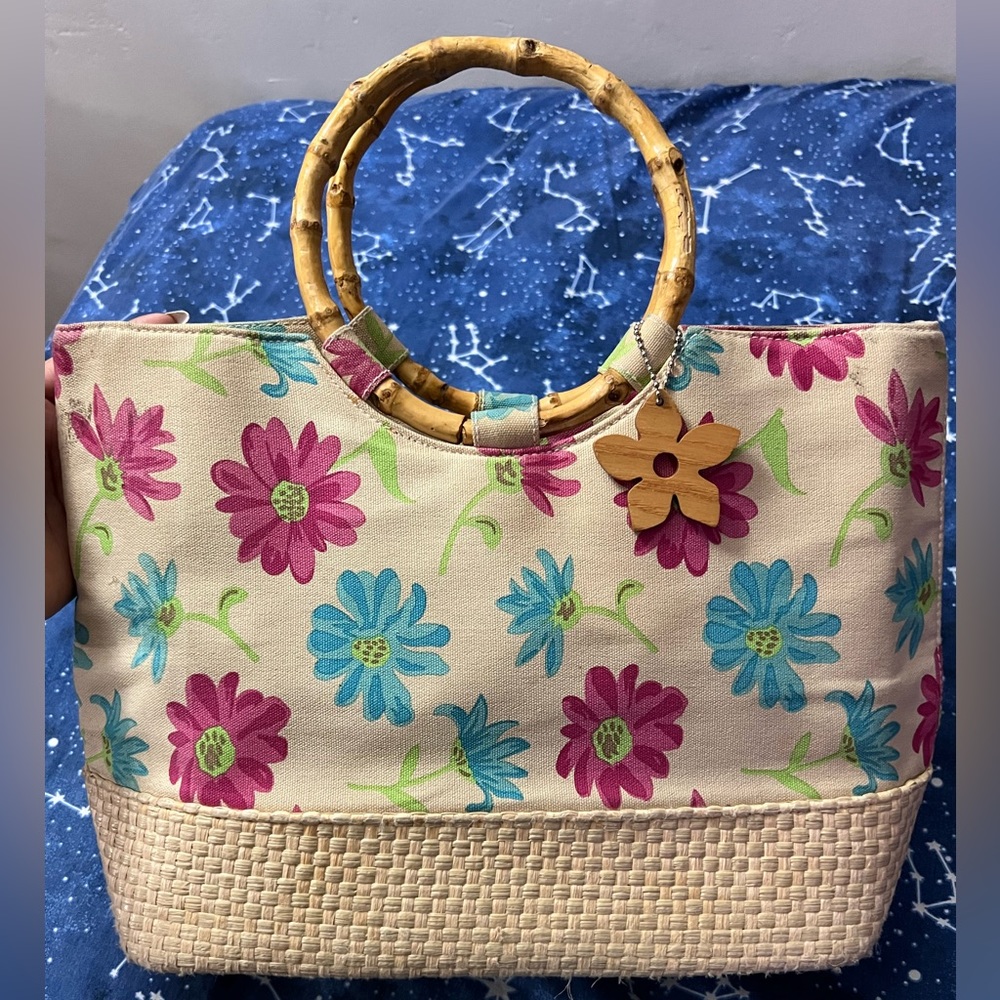 Sonoma Life Style Flower Print Bamboo Handle Handbag Purse